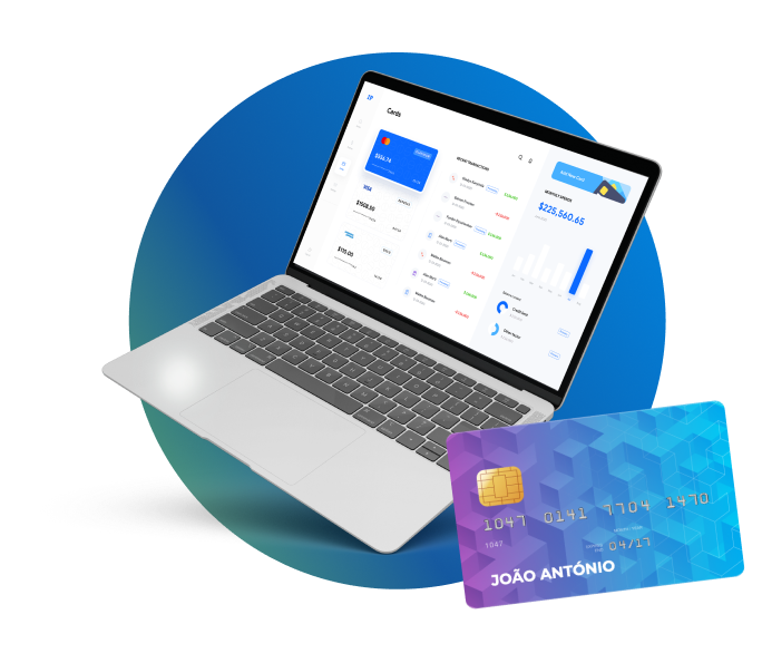 Notebook mostra transações por cartao de crédito na tela ao lado de cartão físico, simbolizando as vendas online protegidas pela API.