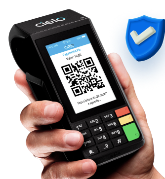 Maquininha rápida Cielo Flash, que suporta 13 mil transações por segundo com tela exibindo QR Code.