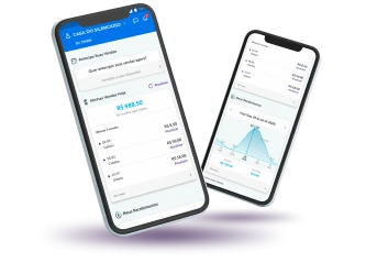 Dois celulares demostram o App Cielo Gestão, um com as vendas realizadas no dia e outro com gráfico de recebimentos.